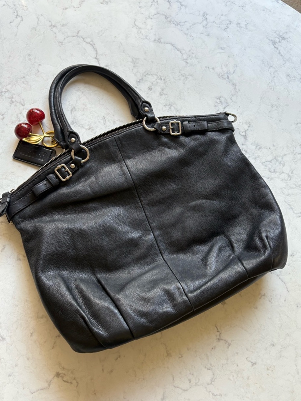 Coach Black Leather Tote Bag with Cherry Charm - Picture 6 of 7